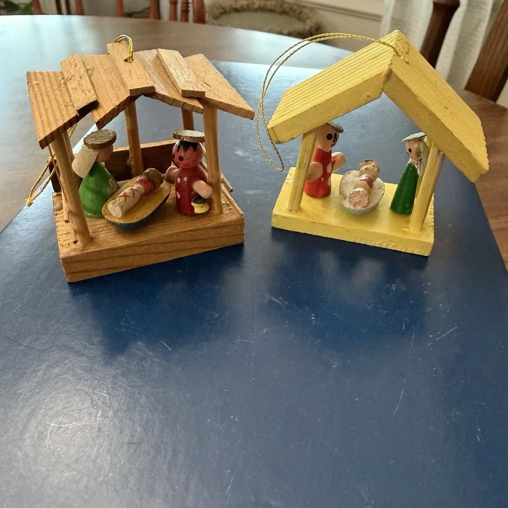 Lot Of 2 Vintage Wooden Nativity Christmas Ornaments Folk Art Decorations